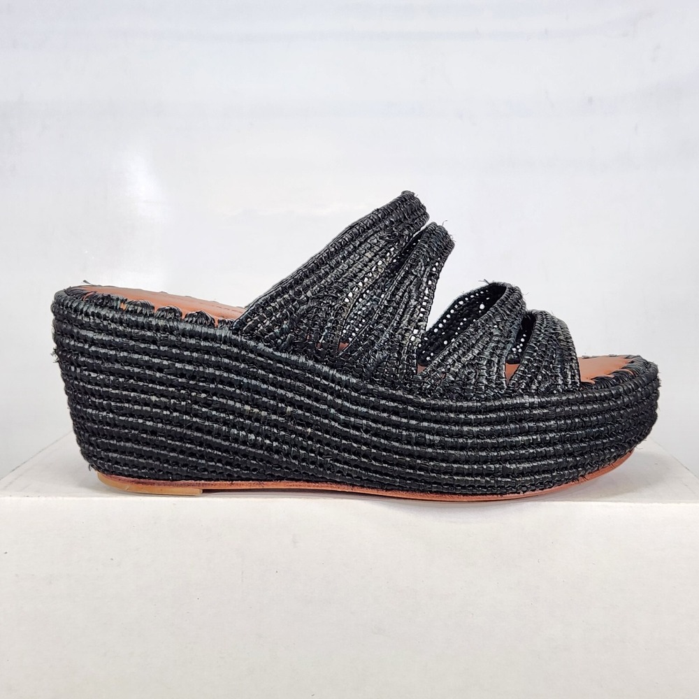 Carrie Forbes Medi Strappy Raffia Sandal Women Size 6 Black Platform Wedge Slide